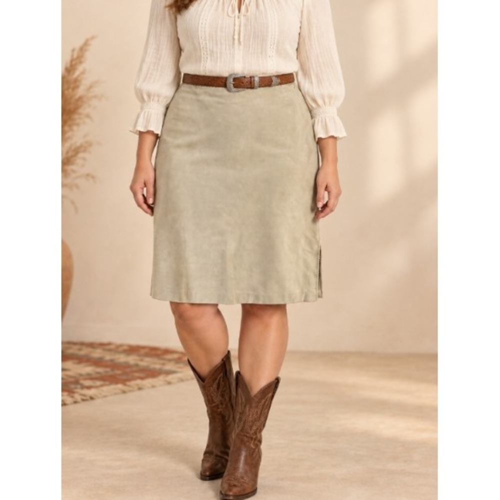 Vintage Anne Klein Suede Skirt 14 Beige Leather Whipstitch Boho Western Classic